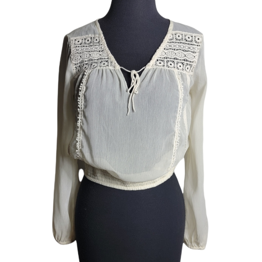Delia’s cream chiffon peasant top small embroidered lace v neck  boho blouse